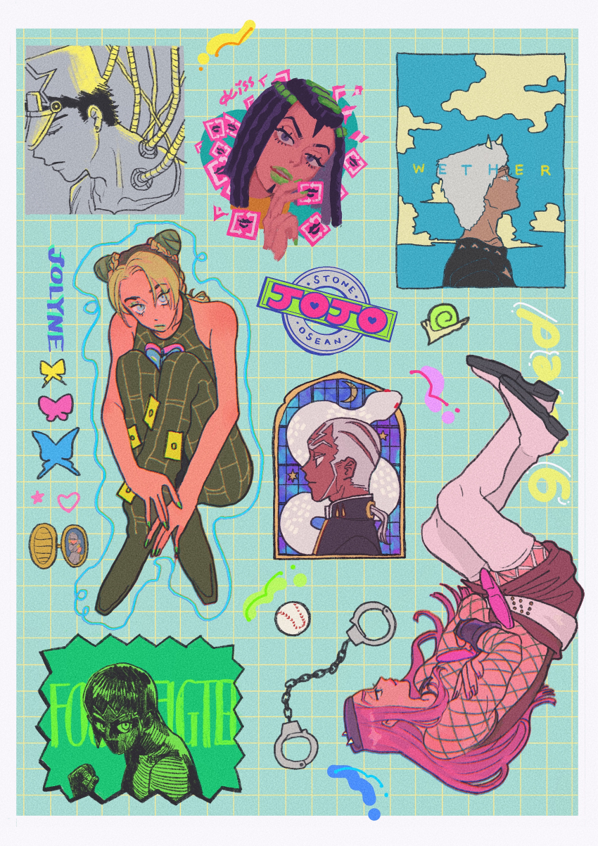3girls 4boys ? absurdres aqua_eyes bare_shoulders baseball black_eyes black_hair black_pants black_tank_top boots border braid bug butterfly character_name closed_eyes cone_hair_bun copyright_name cuffs dark-skinned_male dark_skin double_bun drawn_heart drawn_star dreadlocks english_text engrish_text enrico_pucci ermes_costello facial_mark facial_tattoo film_grain fishnet_top fishnets foo_fighters_(jojo) green_hair green_lips green_nails grid_background hair_bun handcuffs hat highres horned_hat insect jewelry jojo_no_kimyou_na_bouken kuujou_jolyne kuujou_joutarou lipstick locket long_hair looking_at_viewer makeup medium_hair multicolored_hair multiple_boys multiple_girls narciso_anasui pants pendant pink_hair ranguage short_hair snail stone_ocean t_0nd tank_top tattoo two-tone_hair typo very_short_hair weather_report white_boots white_border