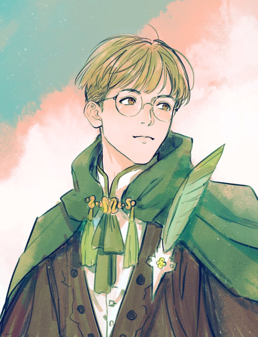 1boy black_cloak breeze_paro brown_eyes cape cloak closed_mouth cloud collared_shirt commentary english_commentary fire_emblem fire_emblem:_three_houses glasses green_cape green_hair green_trim highres ignatz_victor ignatz_victor_(timeskip) looking_to_the_side male_focus nintendo plume rimless_eyewear shirt short_hair short_sideburns sky solo tassel upper_body white_shirt