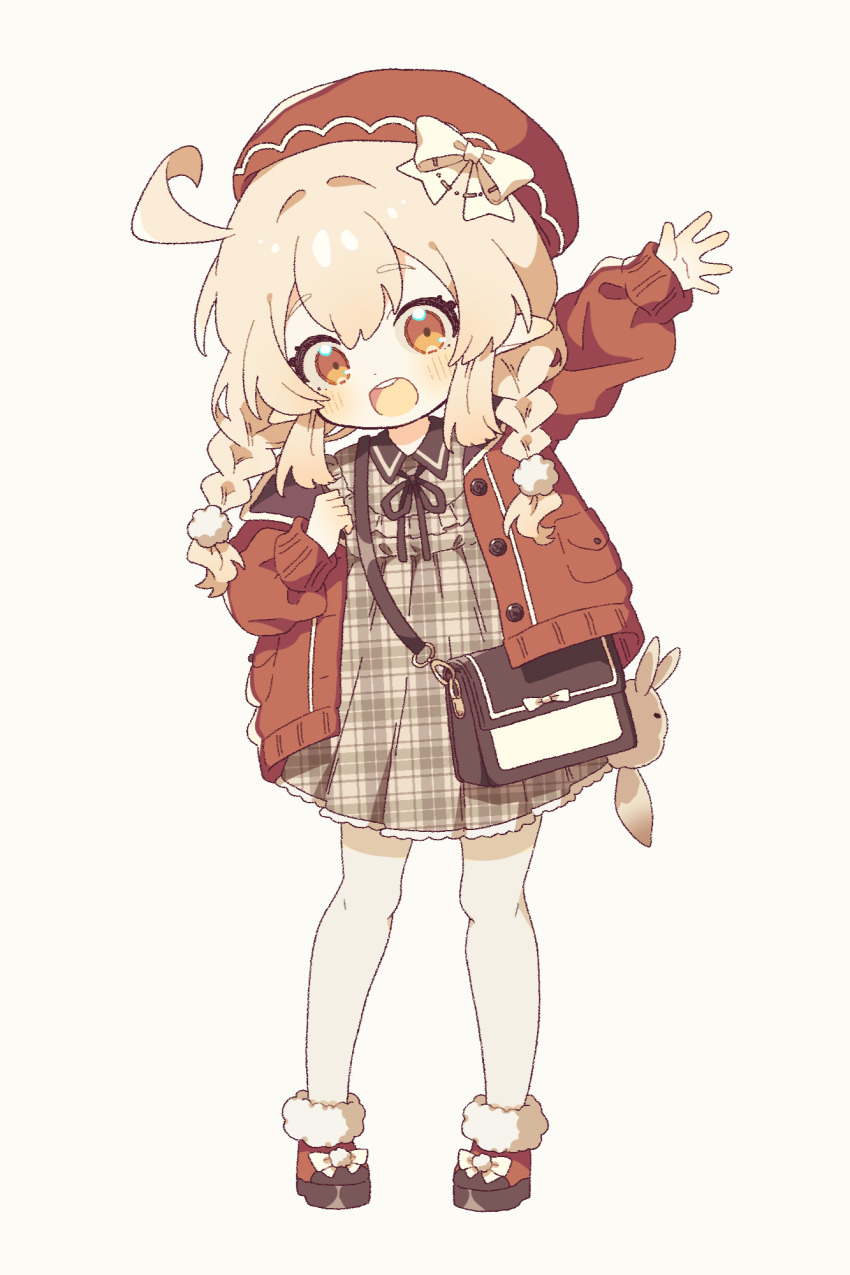 1girl :d adapted_costume bag blonde_hair bow braid brown_dress coat dress full_body genshin_impact hair_bow highres klee_(genshin_impact) komano_shia open_mouth red_coat red_eyes red_footwear red_headwear shoulder_bag smile solo standing twin_braids waving