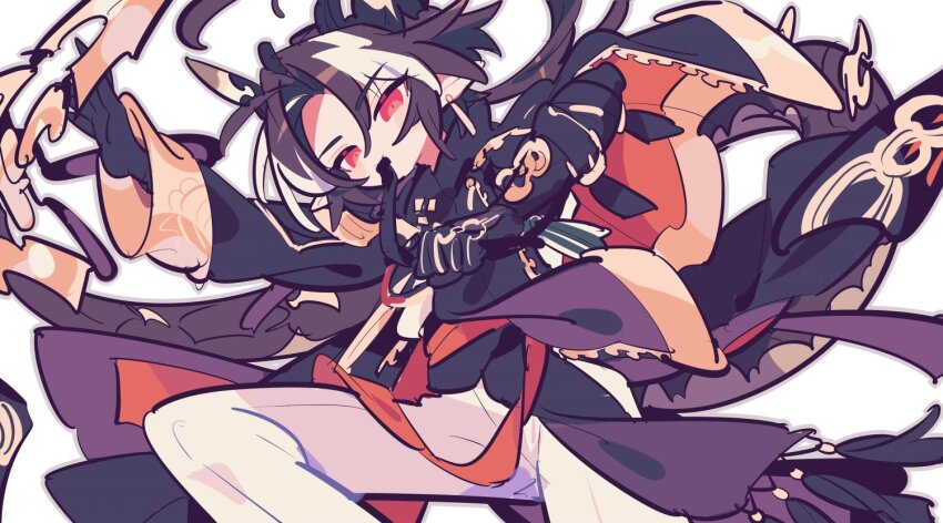 1boy arknights black_coat black_skirt brown_hair chongyue_(arknights) coat colored_extremities commentary dragon_boy dragon_horns feet_out_of_frame horns looking_at_viewer male_focus multicolored_hair one-hour_drawing_challenge pants pointy_ears red_eyes simple_background skirt solo streaked_hair white_background white_hair white_pants ym_dpl