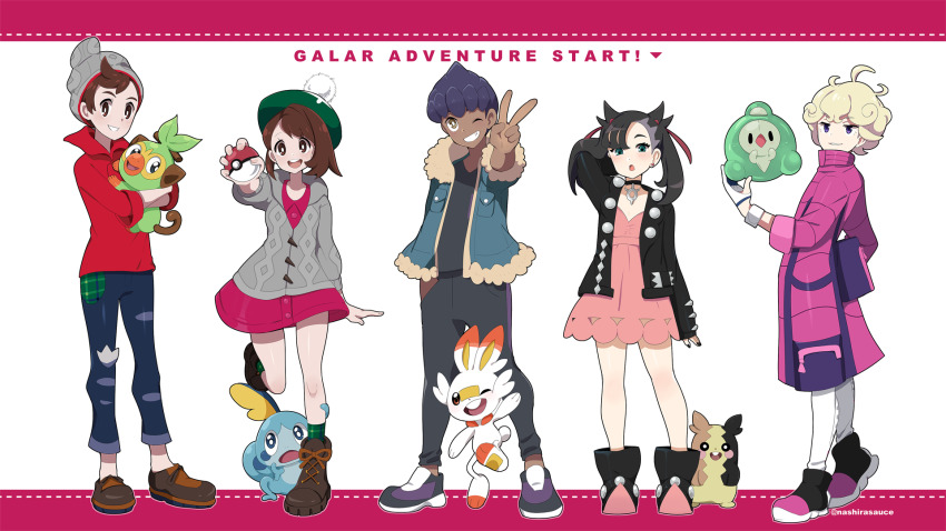 2girls 3boys :o arm_behind_head beanie bede_(pokemon) black_footwear black_jacket black_nails blonde_hair blush boots brown_footwear brown_hair buttons cardigan coat collared_dress commentary curly_hair dark-skinned_male dark_skin dress duosion dynamax_band earrings eyelashes fur-trimmed_jacket fur_trim game_freak gen_5_pokemon gen_8_pokemon gloria_(pokemon) gloves green_eyes green_headwear green_socks grey_cardigan grey_headwear grin grookey hair_ribbon hand_in_pocket hand_up hat highres holding holding_poke_ball hop_(pokemon) jacket jewelry knees marnie_(pokemon) morpeko morpeko_(full) multiple_boys multiple_girls nail_polish nashirasauce nintendo one_eye_closed open_clothes open_jacket pants parted_lips pink_dress plaid_clothes plaid_socks poke_ball poke_ball_(basic) pokemon pokemon_(creature) pokemon_swsh purple_coat red_ribbon red_shirt ribbon scorbunny shirt shoes short_hair sleeves_rolled_up smile sobble socks standing tam_o&#039;_shanter teeth twintails v victor_(pokemon) white_background white_gloves white_pants