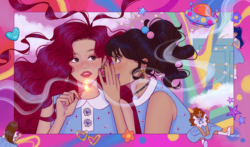 5girls bad_id bad_twitter_id brown_hair chibi close-up commentary dress earrings english_commentary frilled_dress frills heart irene_(red_velvet) jewelry joy_(red_velvet) k-pop long_hair looking_at_another mimimar multiple_girls nail_polish pink_lips ponytail profile purple_nails real_life red_hair red_velvet_(group) seulgi_(red_velvet) sleeveless sleeveless_dress twintails wavy_hair wendy_(red_velvet) yeri_(red_velvet)