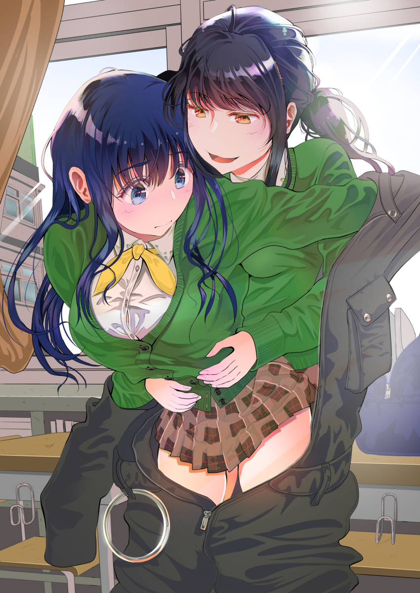 2girls absurdres black_hair blue_eyes blue_hair breasts brown_eyes brown_skirt classroom commentary_request day desk green_sweater highres hug hug_from_behind indoors long_hair medium_breasts multiple_girls original plaid_clothes plaid_skirt pocket school_desk school_uniform shared_clothes shirt skirt smile sweater tanaka_mamoru_(arxelhea0110) white_shirt yuri