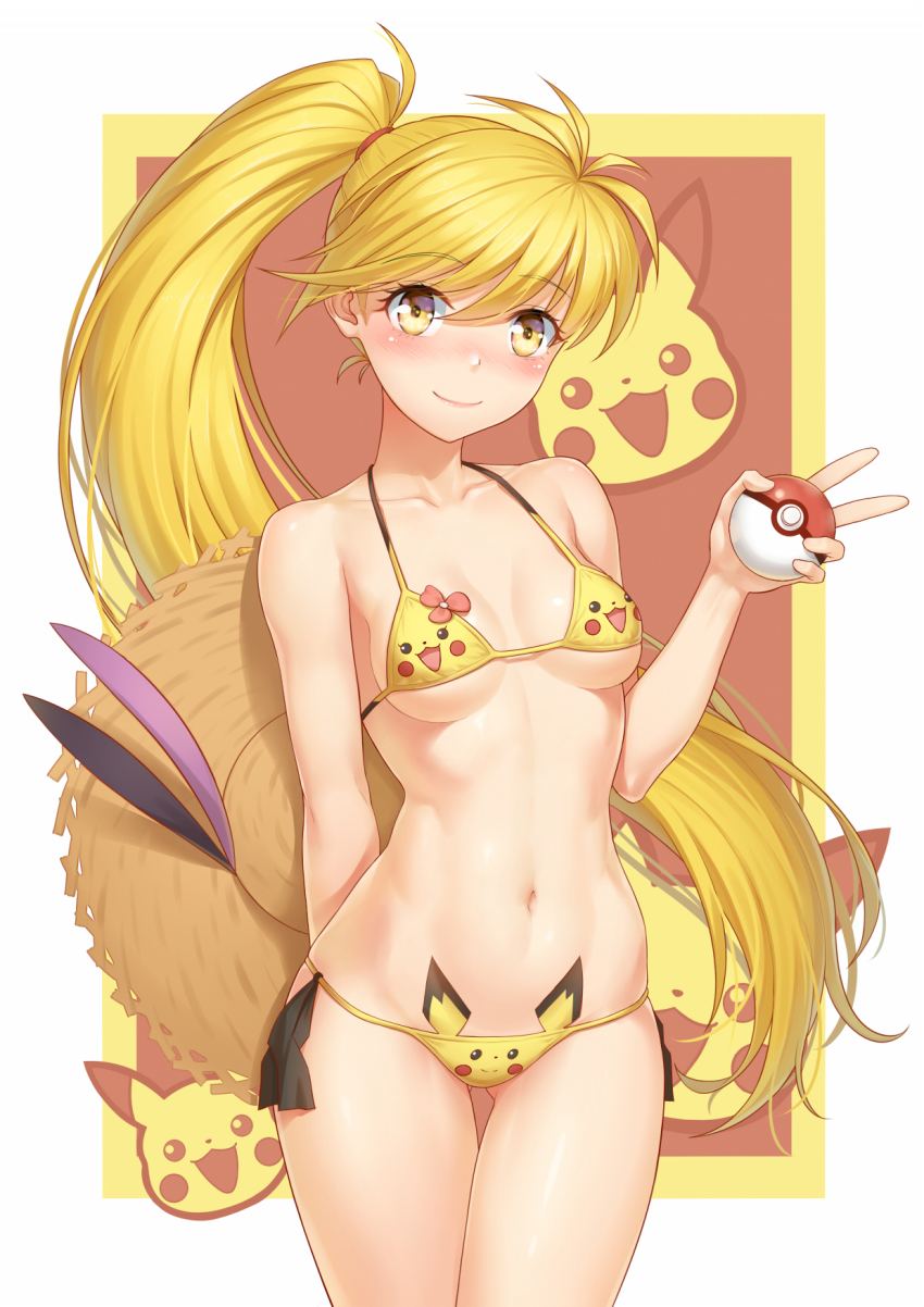 1girl anarchojs arm_behind_back bare_shoulders bikini blonde_hair blush breasts chuchu_(pokemon) collarbone commentary_request female_focus flower gen_1_pokemon gen_2_pokemon hat highres long_hair looking_at_viewer medium_breasts navel nintendo pichu pikachu pink_flower poke_ball poke_ball_(basic) pokemon pokemon_(creature) pokemon_adventures smile solo straw_hat sun_hat swimsuit v very_long_hair yellow_(pokemon) yellow_bikini yellow_eyes