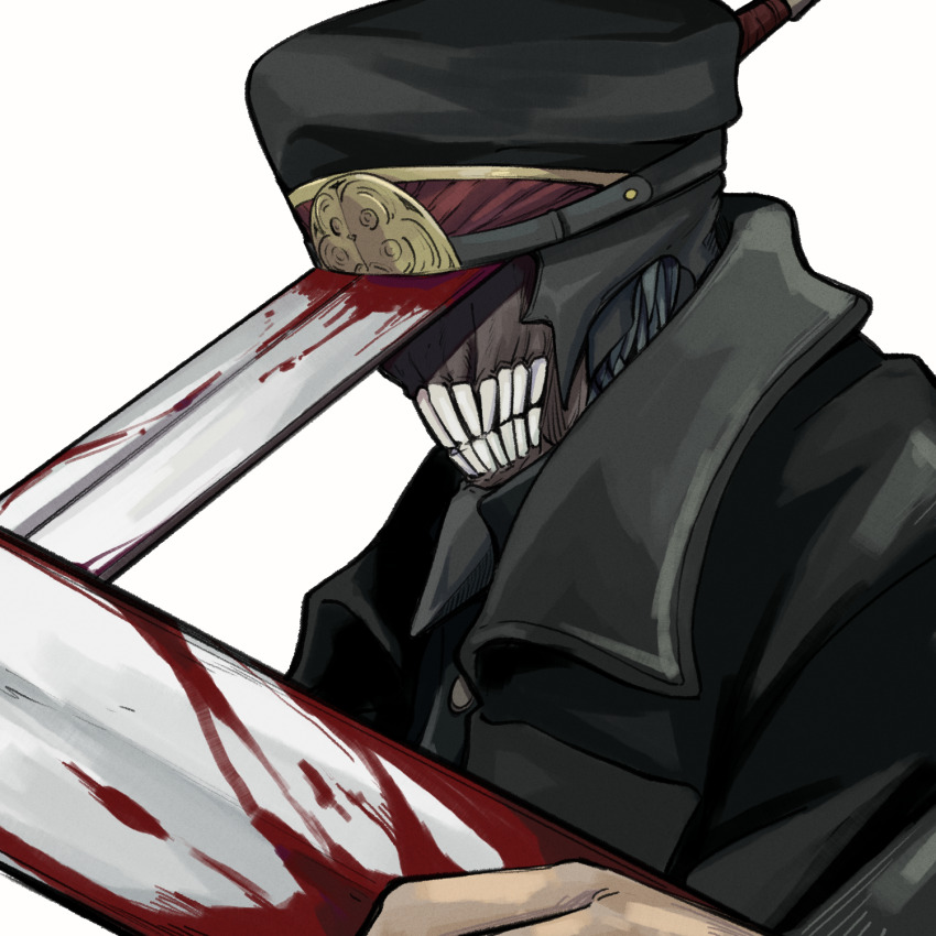 1boy black_coat blood bloody_weapon chainsaw_man coat collared_shirt cropped_torso facing_to_the_side futakuchi-onna hat highres katana katana_man_(chainsaw_man) male_focus military_hat portrait sharp_teeth shirt simple_background solo sword teeth trench_coat upper_body weapon white_background yuma_kahara