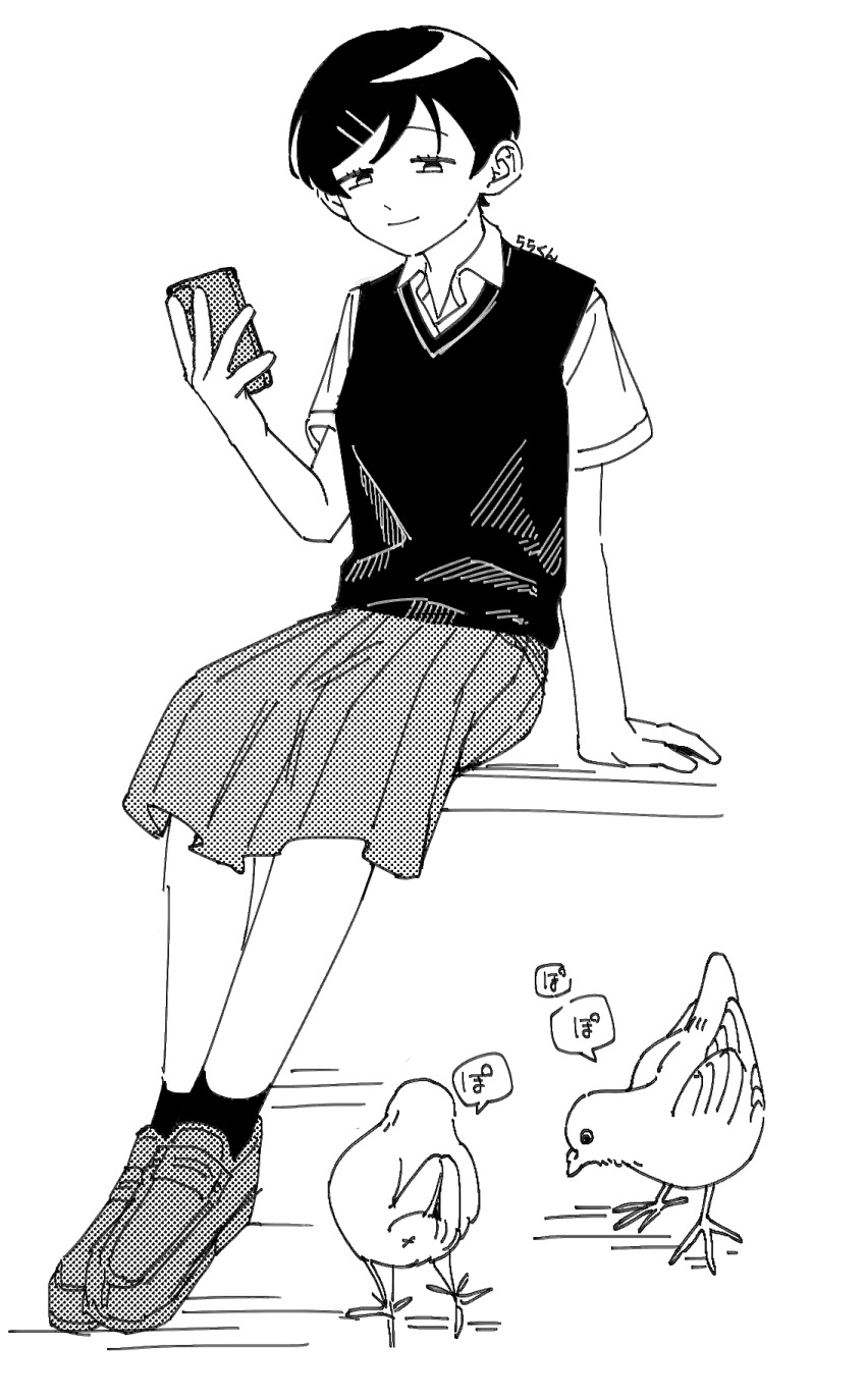 1girl bird collared_shirt futsuu_no_keion-bu greyscale hair_ornament hairpin highres holding holding_phone kouyama_rin light_smile looking_at_viewer monochrome on_railing outdoors phone pigeon pixie_cut pleated_skirt railing rra_(yj) school_uniform shirt shoes short_hair skirt sneakers solo speech_bubble sweater_vest