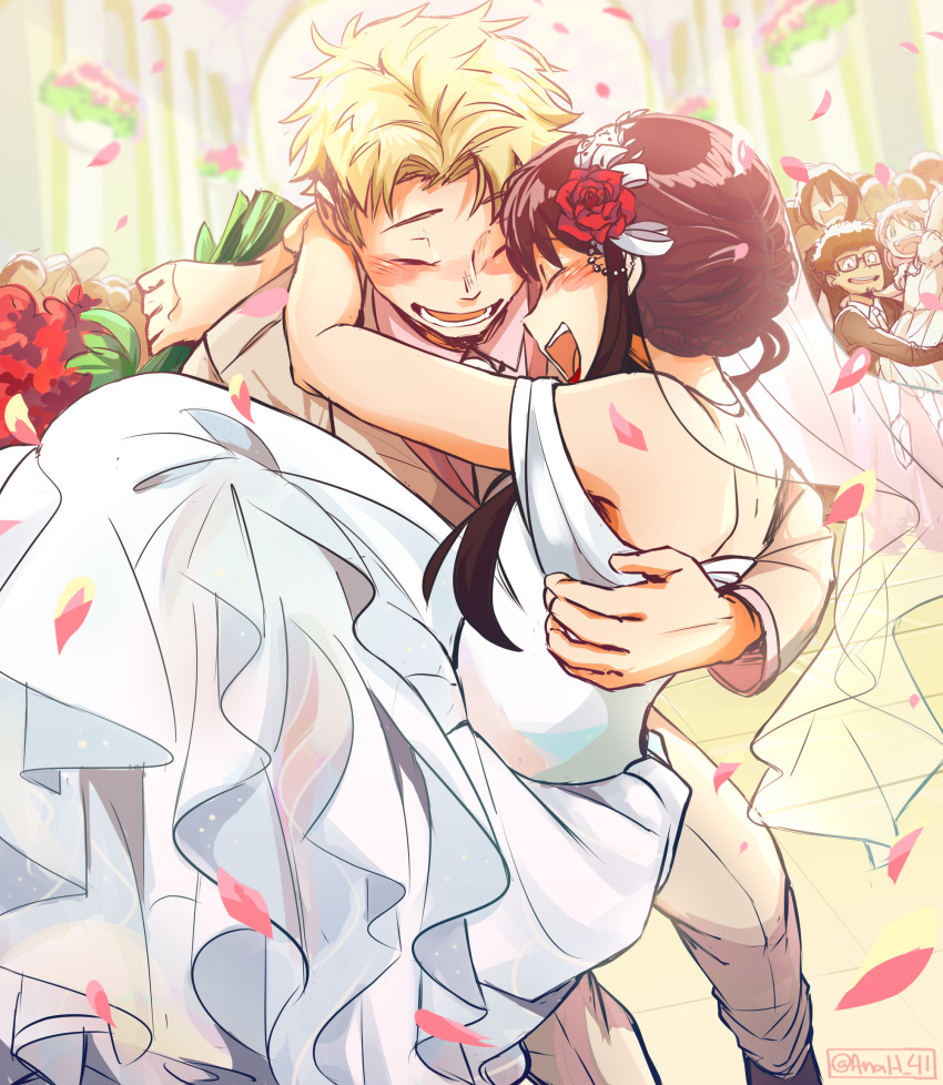 2girls 3boys anah_41 anya_(spy_x_family) artist_name black_hair blonde_hair blush bouquet bridal_veil brother_and_sister carrying child closed_eyes commentary couple dress english_commentary facial_hair fake_horns falling_petals father_and_daughter flower franky_franklin glasses happy hetero highres holding holding_bouquet horns hug husband_and_wife mother_and_daughter multiple_boys multiple_girls open_mouth petals pink_hair princess_carry short_hair short_hair_with_long_locks siblings sidelocks smile spy_x_family teeth twilight_(spy_x_family) twitter_username veil wedding wedding_dress white_dress yor_briar yuri_briar