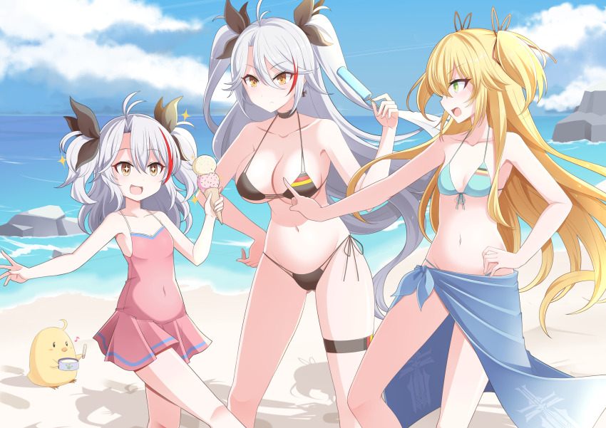 +_+ 3girls admiral_hipper_(azur_lane) alternate_costume aunt_and_niece azur_lane beach bikini black_bikini blonde_hair blue_bikini blue_sarong cross dress flag_print german_flag_bikini green_eyes hebitsukai-san highres holding_food holding_ice_cream ice_cream iron_cross little_prinz_eugen_(azur_lane) long_hair manjuu_(azur_lane) mother_and_daughter multicolored_hair multiple_girls ocean official_alternate_costume orange_eyes pink_dress prinz_eugen_(azur_lane) prinz_eugen_(unfading_smile)_(azur_lane) red_hair sand sarong shadow siblings side-tie_bikini_bottom sisters standing streaked_hair summer swimsuit thigh_strap two-tone_hair very_long_hair water white_hair