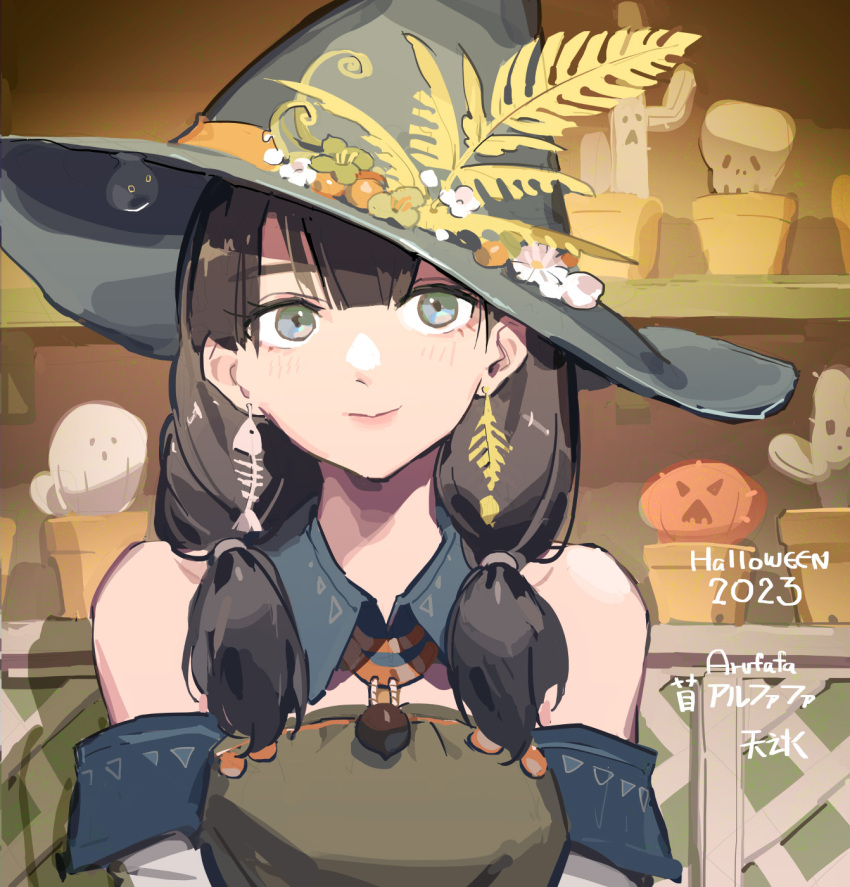 1girl bare_shoulders brown_hair commentary dated detached_collar detached_sleeves fish_skeleton_earrings flower flower_pot green_eyes grey_hat halloween hat hat_flower hat_ribbon highres looking_at_viewer mixed-language_commentary off_shoulder original ribbon signature solo tennohi twintails witch_hat
