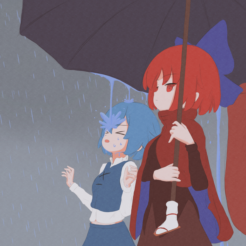 &gt;_&lt; 2girls :o absurdres black_dress blue_hair blue_skirt blue_vest bow cloak closed_eyes commentary cowboy_shot dark_background dress english_commentary expressionless goku_and_vegeta_in_the_rain_(meme) hair_bow highres holding holding_umbrella karakasa_obake kokowoch long_sleeves meme midriff_peek multiple_girls purple_bow rain red_eyes red_hair sekibanki shirt short_hair skirt tatara_kogasa touhou umbrella vest wet white_shirt
