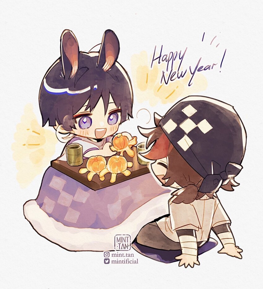 2boys animal_ears bandaged_arm bandages black_hair black_headscarf black_headwear black_pants black_sleeves blunt_bangs blunt_ends blush brown_hair checkered_clothes checkered_hat chibi cup eyeliner food from_back fruit genshin_impact hands_on_floor hat headscarf headwear_request highres japanese_clothes kimono kotatsu leaning_back low_ponytail makeup male_focus mandarin_orange mint-tan multicolored_hair multiple_boys niwa_(genshin_impact) pants parted_bangs peeling pillow ponytail purple_eyes purple_shirt rabbit_ears red_eyeliner red_hair scaramouche_(genshin_impact) scaramouche_(kabukimono)_(genshin_impact) shirt short_hair short_sleeves side_ponytail sitting smile streaked_hair table tan_shirt tea teeth upper_teeth_only white_background white_kimono white_sleeves