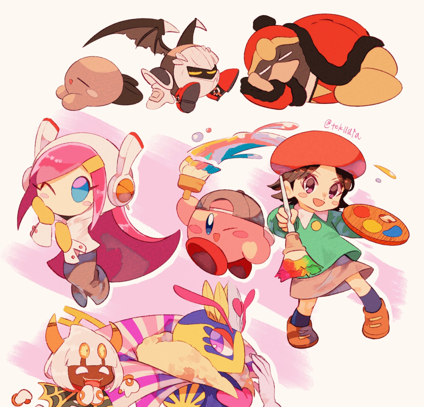 :d ;d adeleine antennae arm_up armor armored_boots artist_name backwards_hat baseball_cap beret black_hair black_wings blue_eyes blue_socks blunt_bangs blush blush_stickers boots brown_footwear capelet closed_eyes collared_shirt commentary_request copy_ability crown dark_meta_knight fangs fur-trimmed_jacket fur-trimmed_sleeves fur_trim gloves green_capelet green_shirt grey_headwear grey_skirt hand_up hat highres holding holding_paint_palette holding_paintbrush holding_paint_palette horns jacket kirby kirby_(series) long_hair long_skirt long_sleeves looking_at_viewer lying mask nintendo on_side one_eye_closed open_mouth orange_horns paint paint_kirby paint_palette paintbrush paint_palette parted_bangs pauldrons pencil_skirt pink_background pink_hair purple_eyes queen_sectonia rayman_limbs red_footwear red_headwear red_jacket red_scarf scarf shadow_dedede shadow_kirby shirt shoes short_hair shoulder_armor sidelocks simple_background sitting skirt sleeping sleeping_upright smile socks spiked_wings spikes stomach susie_(kirby) swept_bangs taranza tokuura torn_wings twitter_username v-shaped_eyebrows white_background white_gloves white_hair white_shirt wings yellow_gloves