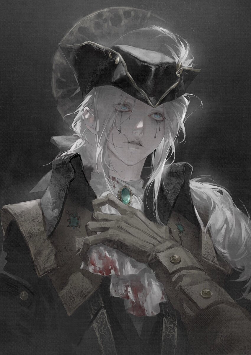 1girl ascot blood bloodborne blue_eyes cape coat gem gloves hat hat_feather highres holding jiao_chang lady_maria_of_the_astral_clocktower long_hair ponytail simple_background solo tears tricorne white_hair