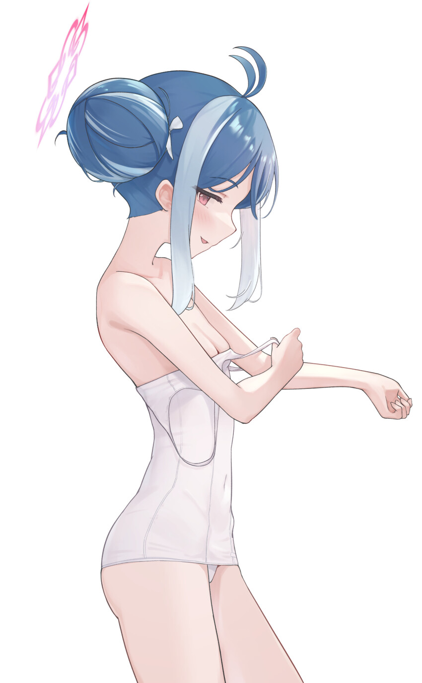 1girl absurdres ahoge blue_archive blue_hair blush breasts ciza_gomi commentary covered_navel cowboy_shot double_bun from_side fubuki_(blue_archive) fubuki_(swimsuit)_(blue_archive) hair_bun halo highres looking_at_viewer official_alternate_costume one-piece_swimsuit pink_halo profile red_eyes school_swimsuit simple_background small_breasts smile solo standing swimsuit undressing white_background white_one-piece_swimsuit