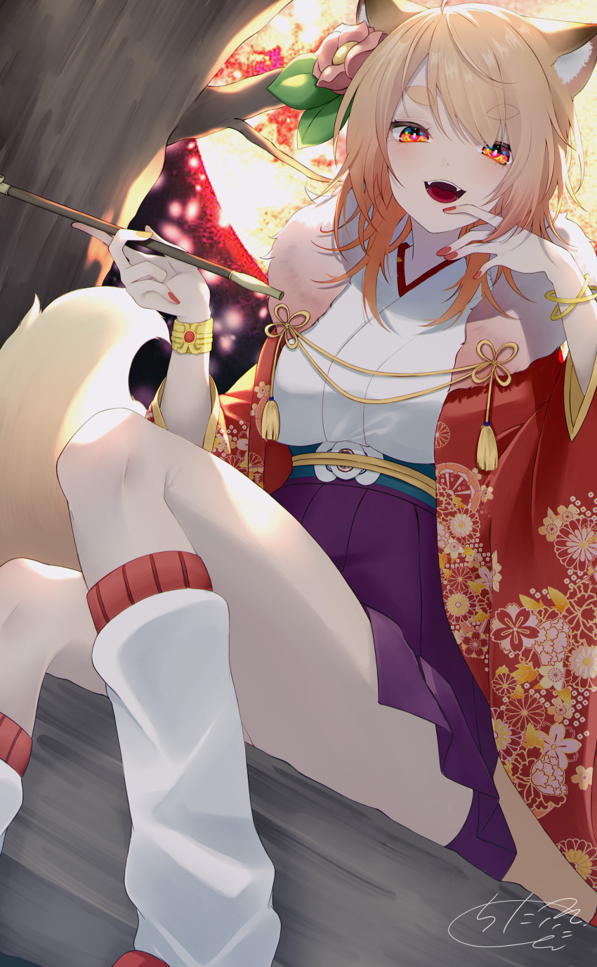 1girl :d animal_ears bangle bracelet breasts brown_hair chita_(ketchup) commentary_request fangs fox_ears fox_girl fox_tail full_moon hand_to_own_mouth hands_up highres holding holding_smoking_pipe japanese_clothes jewelry kimono kiseru long_sleeves looking_at_viewer loose_socks medium_breasts moon nail_polish night night_sky obi open_mouth original pleated_skirt purple_skirt red_eyes red_moon red_nails sash short_eyebrows signature skirt sky smile smoking_pipe socks solo tail thick_eyebrows tree white_kimono white_socks wide_sleeves