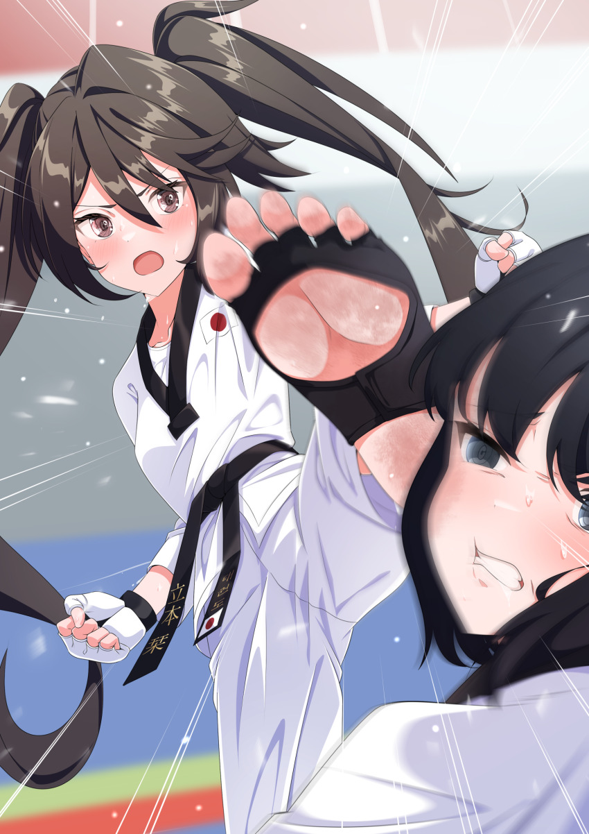 barefoot high_kick highres japanese_flag karate kicking nao_(user_yscg3873) soles taekwondo