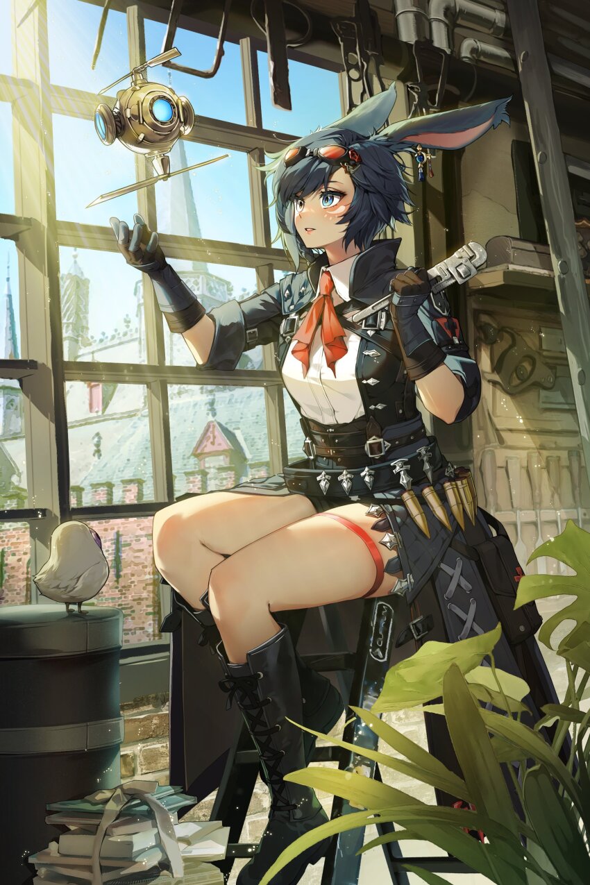 1girl absurdres animal_ears bare_legs black_boots boots character_request check_character check_copyright cika_k commentary copyright_request final_fantasy final_fantasy_xiv gloves hacksaw highres holding indoors kemonomimi_mode original rabbit_girl saw short_hair smile socket_wrench solo symbol-only_commentary thigh_strap warrior_of_light_(ff14) wrench