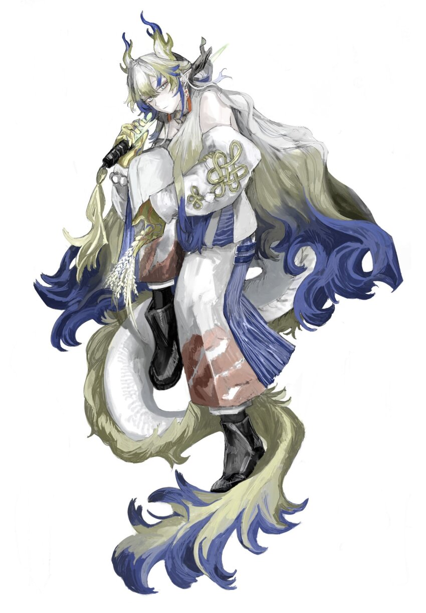 1girl ankle_boots arknights bare_shoulders black_boots blonde_hair boots closed_mouth colored_extremities commentary dragon_girl dragon_horns dragon_tail earrings expressionless floating full_body grey_eyes highres holding holding_plant holding_sword holding_weapon horns jacket jewelry long_sleeves looking_at_viewer multicolored_hair necklace nou_darake off_shoulder plant pointy_ears purple_hair shu_(arknights) simple_background solo sword tail weapon wheat white_background white_hair white_jacket