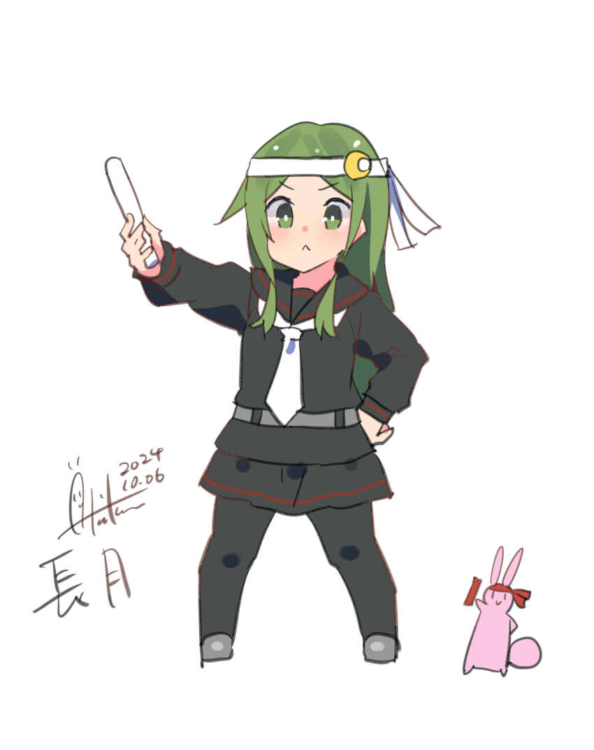 1girl absurdres belt black_pantyhose black_sailor_collar black_serafuku black_shirt black_skirt blush character_name closed_mouth crescent crescent_hair_ornament dated green_eyes green_hair grey_belt grey_footwear hair_ornament headband highres holding inica kantai_collection long_hair long_sleeves nagatsuki_(kancolle) neckerchief one-hour_drawing_challenge pantyhose pleated_skirt rabbit red_headband relay_baton sailor_collar school_uniform serafuku shirt shoes signature skirt white_background white_headband white_neckerchief