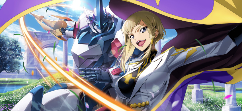1girl arch arm_up artist_request asymmetrical_hair black_shirt blonde_hair blue_eyes blue_sky braid breasts cape cloud code_geass code_geass:_lost_stories day falling_petals female_focus field flower flower_field forked_eyebrows game_cg grass grey_eyes hair_tubes happy highres holding holding_lance holding_polearm holding_weapon jacket lance lancelot_(code_geass) lancelot_club large_breasts lens_flare lipstick long_sleeves looking_at_viewer makeup military_uniform non-web_source nonette_enneagram official_art open_mouth outdoors outstretched_arm petals pillar polearm purple_cape red_lips shirt short_hair sidelocks single_braid sky smile solo standing sun sunlight teeth tongue tree two-sided_cape two-sided_fabric upper_body weapon white_flower white_jacket