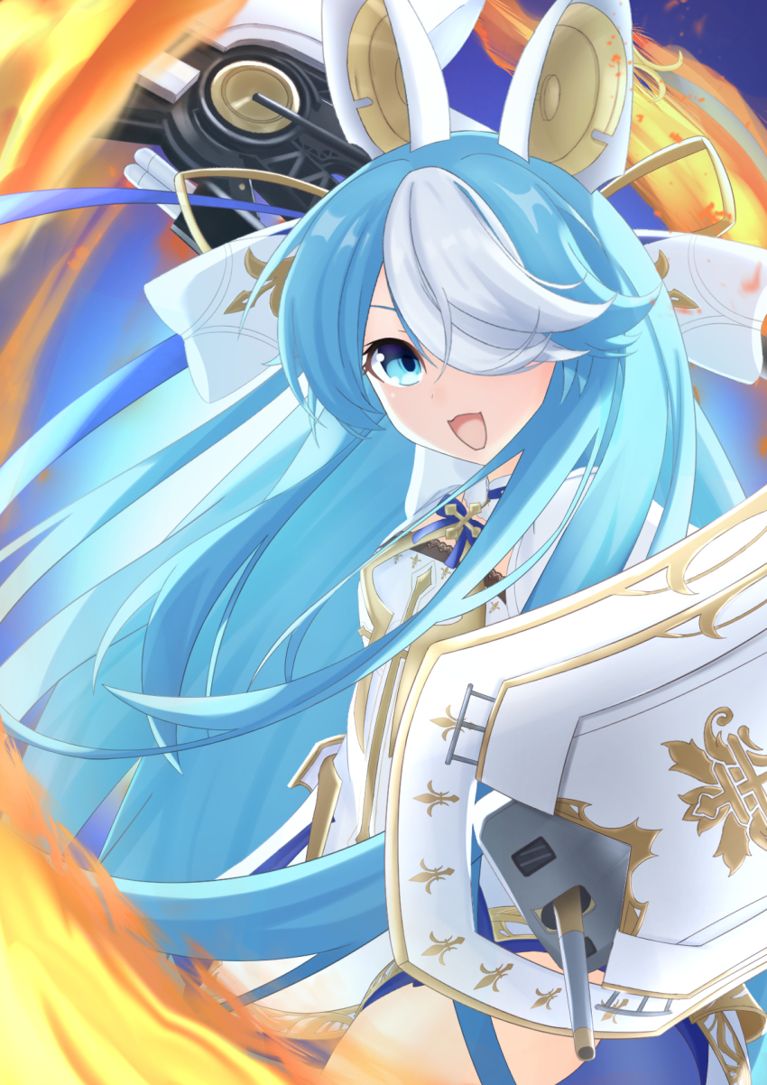 1girl animal_ears azur_lane blue_eyes blue_hair fake_animal_ears fire highres iris_libre_(emblem) long_hair looking_at_viewer machida_tamao maille-breze_(azur_lane) open_mouth rigging shield solo torpedo very_long_hair white_hair