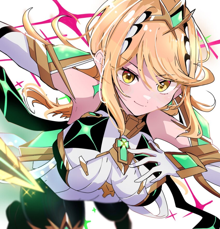 1girl aegis_sword_(xenoblade) bare_shoulders black_pantyhose blonde_hair breasts cherubi_nbo chest_jewel dress earrings elbow_gloves floating_earrings gloves highres holding holding_sword holding_weapon jewelry large_breasts long_hair microdress mythra_(massive_melee)_(xenoblade) mythra_(xenoblade) neon_trim pantyhose solo swept_bangs sword thigh_strap tiara very_long_hair weapon white_dress white_gloves xenoblade_chronicles_(series) xenoblade_chronicles_2 yellow_eyes