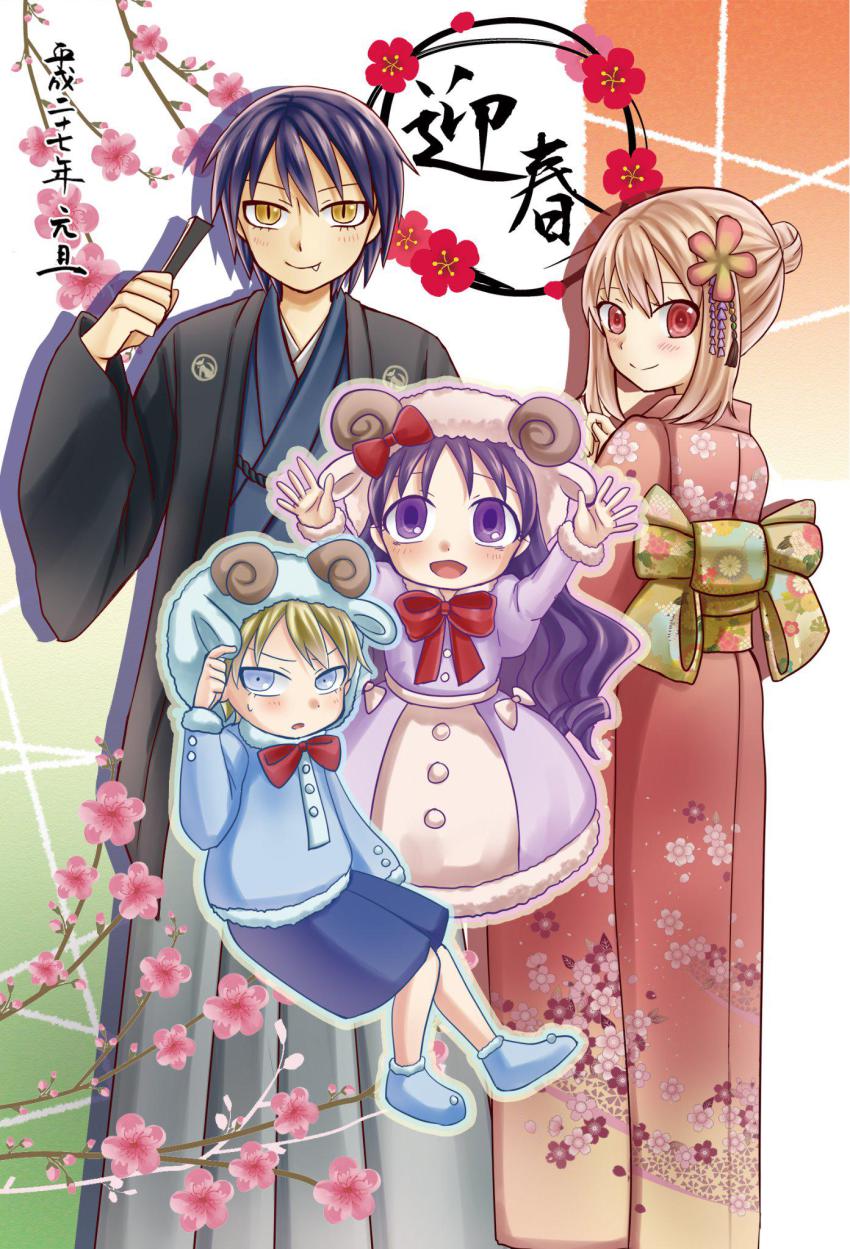 2boys 2girls ange_(gensou_otome_no_okashi_na_kakurega) animal_costume bernd blonde_hair blue_eyes blue_hair blush bow bowtie cherry_blossoms chloe_ardenne chloe_no_requiem fang fang_out gensou_otome_no_okashi_na_kakurega hair_bow hair_bun hair_ornament highres japanese_clothes kanzashi kimono looking_at_viewer michel_d&#039;alembert multiple_boys multiple_girls new_year nubarin official_art open_mouth purple_eyes purple_hair red_eyes sheep_costume short_hair sidelocks single_hair_bun smile sweatdrop tsumami_kanzashi yellow_eyes