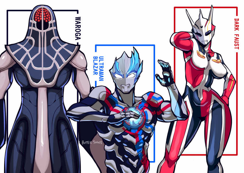 1girl 2boys alternate_breast_size arm_behind_head artist_name breasts butter_sugoi character_name covered_erect_nipples curvy dark_faust hand_on_own_hip highres horns medium_breasts multiple_boys narrow_waist signature thick_thighs thighs toned toned_male ultra_series ultraman_blazar ultraman_blazar_(series) ultraman_cosmos_(series) ultraman_nexus_(series) waroga