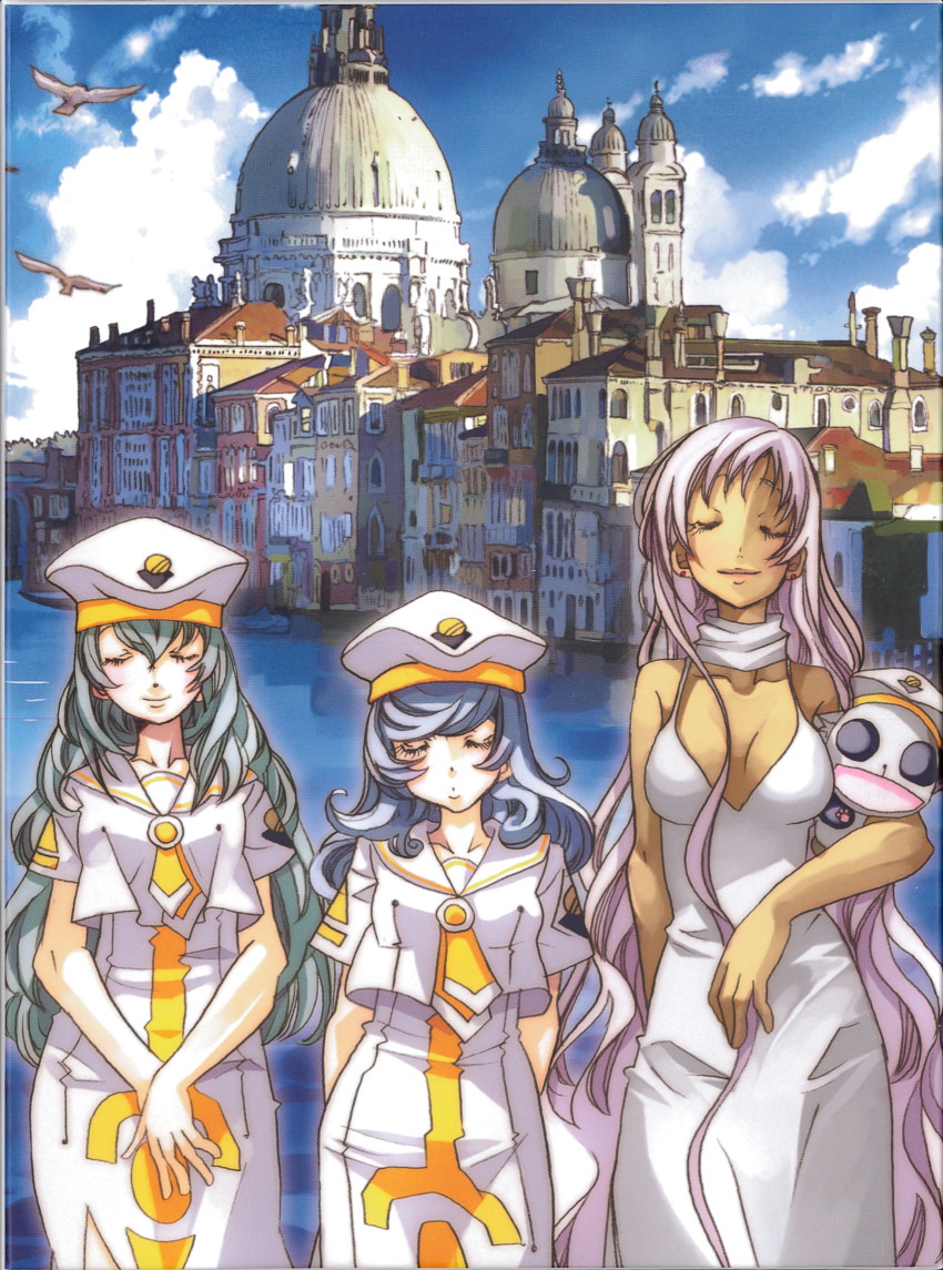 3girls alice_carroll amano_kozue animal anya_dostoyevskaya aria_(manga) athena_glory bare_shoulders beret bird blue_sky breasts building cat closed_eyes closed_mouth cloud cloudy_sky collarbone cowboy_shot dark-skinned_female dark_skin day dress hair_between_eyes hat highres holding holding_animal holding_cat large_breasts long_hair multiple_girls neckerchief non-web_source ocean official_art orange_planet_uniform outdoors president_maa print_dress purple_hair sailor_collar scan scan_artifacts seagull short_sleeves side_slit sidelocks sky standing swept_bangs very_long_hair white_dress white_headwear yellow_neckerchief