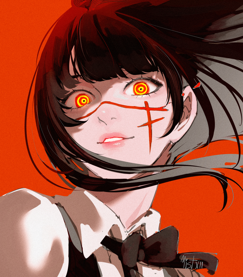 1girl absurdres black_bow black_hair bow chainsaw_man facial_scar fourth_east_high_school_uniform grin highres long_hair looking_at_viewer mistxii red_eyes scar scar_on_cheek scar_on_face school_uniform shirt simple_background smile solo white_shirt yellow_eyes yoru_(chainsaw_man)