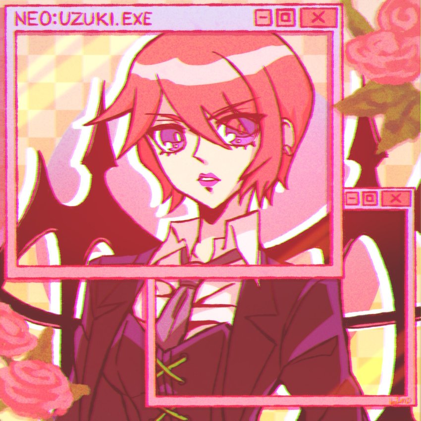 1girl black_suit black_wings blue_eyes blue_tie collared_shirt corset ear_piercing eyebrows eyelashes female_focus flower formal_clothes highres lipstick looking_at_viewer makeup necktie parted_lips piercing pink_hair shin_subarashiki_kono_sekai shirt short_hair solo spiked_wings subarashiki_kono_sekai suit upper_body white_shirt wings yashiro_uzuki