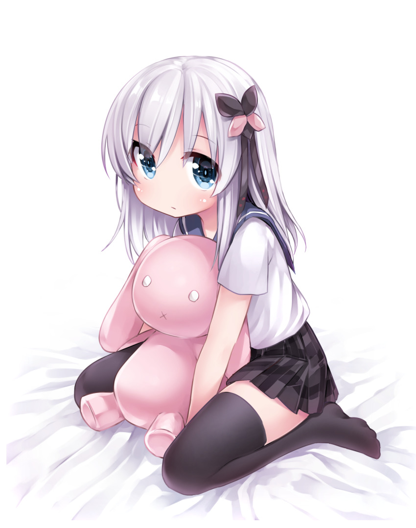 1girl aged_down black_skirt black_thighhighs blue_eyes character_request female_focus hair_ornament highres indie_virtual_youtuber long_hair original plaid_clothes plaid_skirt school_uniform serafuku shirt silver_hair simple_background sitting skirt solo stuffed_toy tamase_tama thighhighs virtual_youtuber white_background white_shirt