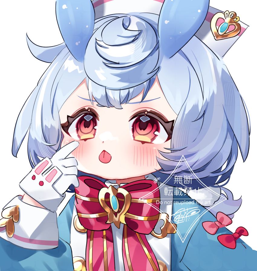 1girl :&lt; :p absurdres animal_ears aqua_shirt artist_name blue_hair blush bow bowtie brooch closed_mouth commentary_request crossed_bangs eyelid_pull genshin_impact gloves hair_ornament hand_up hat highres index_finger_raised jewelry long_sleeves low_twintails meda_cha medium_hair nurse_cap pink_bow pom_pom_(clothes) pom_pom_hair_ornament puffy_long_sleeves puffy_sleeves red_bow red_bowtie red_eyes shirt sigewinne_(genshin_impact) signature simple_background solo tongue tongue_out twintails upper_body v-shaped_eyebrows watermark white_background white_gloves white_hat