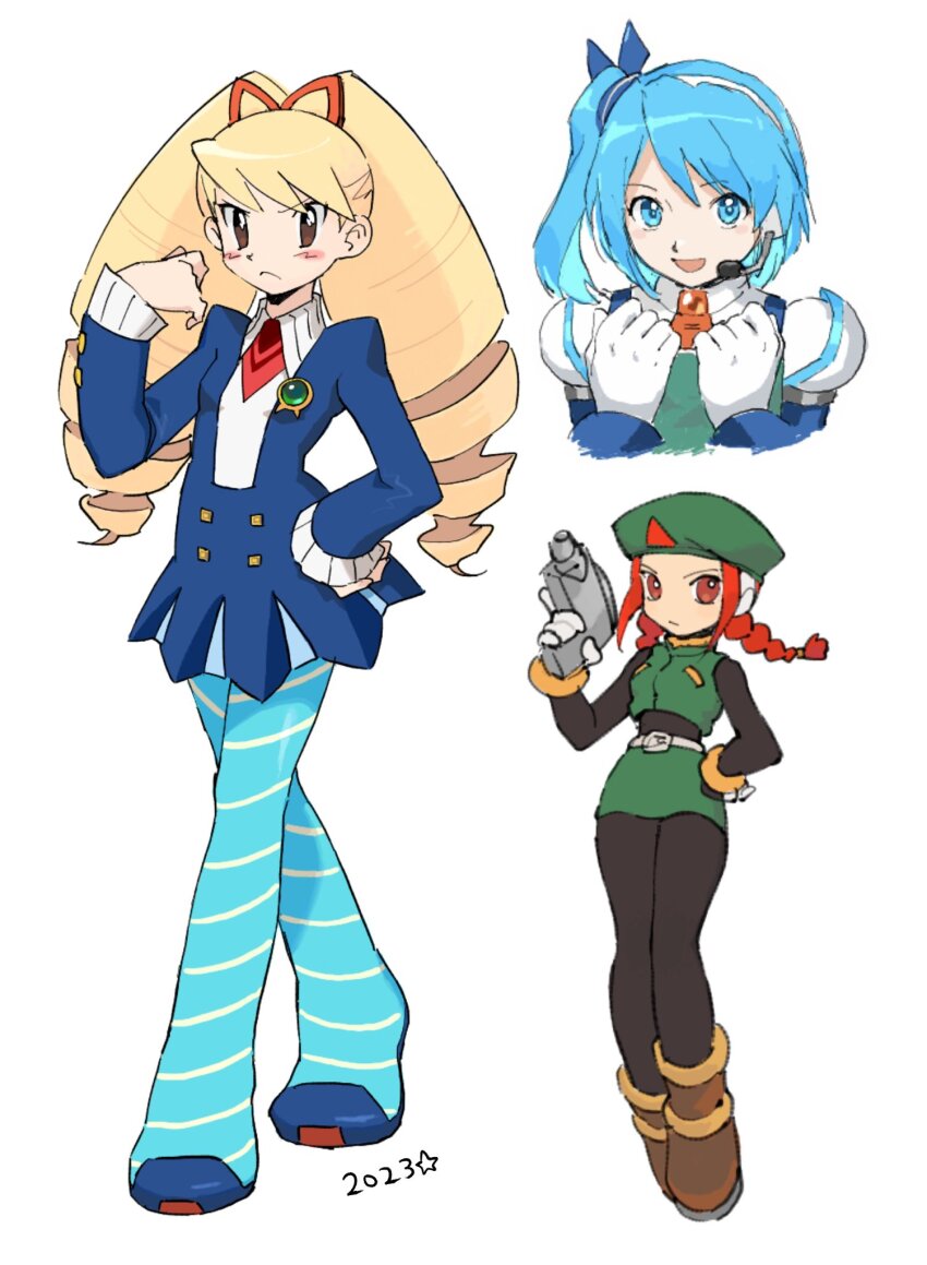 3girls :d beret black_bodysuit blonde_hair blue_dress blue_eyes blue_hair blue_pantyhose blush bodysuit braid brown_eyes brown_footwear closed_mouth dress drill_hair frown green_hat green_skirt gun hand_on_own_hip hat headset highres holding holding_gun holding_weapon karen_(karenoni1031) long_sleeves looking_at_viewer luna_platz_(mega_man) mega_man_(series) mega_man_star_force_(series) mega_man_x_(series) mega_man_x_dive mega_man_zero_(series) multiple_girls open_mouth pantyhose red_eyes red_hair rico_(mega_man) side_ponytail skirt smile striped_clothes striped_pantyhose twin_braids twin_drills unnamed_female_soldier_(mega_man_zero) weapon white_background