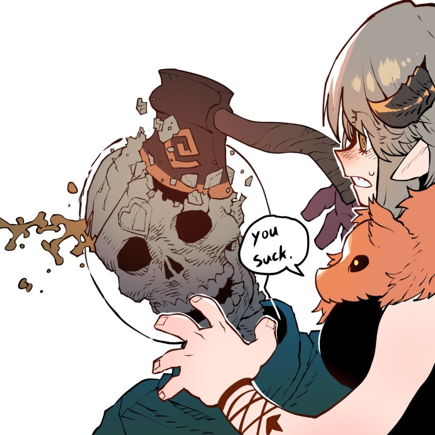 1girl arm_tattoo axe axehorn_(ssambatea) broken_skull commentary deep_wound dio_brando english_commentary english_text fingernails grey_hair heart highres injury jojo_no_kimyou_na_bouken original parody pelt pointy_ears ringed_eyes skull solo ssambatea stardust_crusaders sweat tattoo white_background wide-eyed yellow_eyes