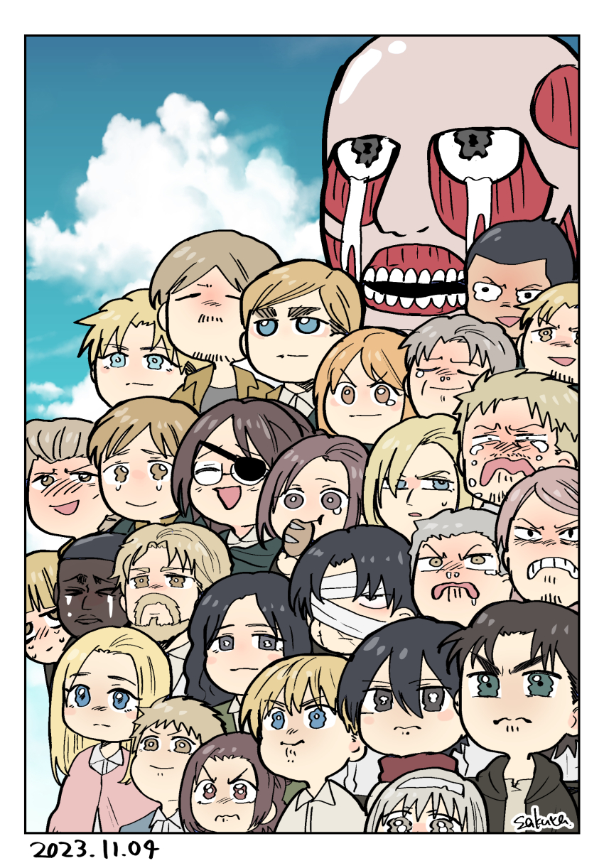 6+boys 6+girls absurdres annie_leonhart armin_arlert auruo_bossard bertolt_hoover chibi krista_lenz colossal_titan connie_springer crying dark-skinned_male dark_skin dated erd_gin eren_yeager erwin_smith expressionless facial_hair frown gabi_braun goatee_stubble group_picture gunter_shulz hange_zoe happy_tears highres jean_kirstein levi_(shingeki_no_kyojin) mikasa_ackerman mike_zakarius moblit_berner multiple_boys multiple_girls nanaba onyankopon_(shingeki_no_kyojin) petra_ral pieck_finger porco_galliard reiner_braun sa_ku_ra_0104 sad sasha_blouse shingeki_no_kyojin stubble tearing_up tears titan_(shingeki_no_kyojin) wavy_eyes yelena_(shingeki_no_kyojin) ymir_fritz zeke_yeager
