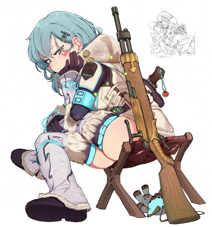 1girl aqua_hair blush_stickers boots bowgun cosplay crossed_legs fur_trim gloves hair_behind_ear head_rest highres itsukarine kantai_collection kirin_(armor) knife lineart monster_hunter_(series) paolumu_(armor) sideways_glance simple_background sitting solo stuffed_toy suzuya_(kancolle) thigh_boots thighs webp-to-png_conversion white_background