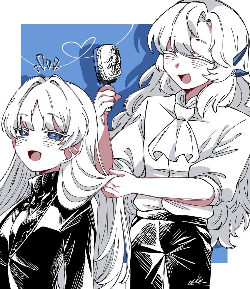1boy 1girl :d angelica_(project_moon) argalia_(project_moon) ascot black_jacket black_pants black_sweater blue_background blue_eyes border brushing_hair highres jacket library_of_ruina limited_palette long_hair long_sleeves looking_at_another open_mouth pants project_moon q38jkwbeuo7116 shirt siblings simple_background smile sweater upper_body very_long_hair white_ascot white_border white_hair white_shirt