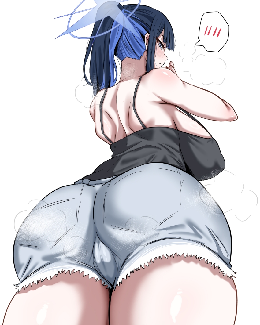 1girl absurdres ass back black_camisole black_hair blue_archive blue_eyes blue_hair blue_halo blunt_bangs breasts camisole closed_mouth denim denim_shorts grey_shorts halo highres large_breasts long_hair looking_at_viewer multicolored_hair ponytail saori_(blue_archive) saori_(swimsuit)_(blue_archive) short_shorts shorts shoulder_blades sidelocks simple_background solo standing trefoil two-tone_hair white_background woo_(woosan)