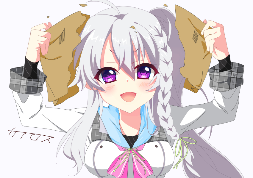 1girl 2024 9-nine- :d ahoge arms_up bag blush braid breasts commentary dated_commentary eyes_visible_through_hair green_ribbon grey_hair hair_between_eyes hair_ribbon highres holding holding_bag kairosu long_hair long_sleeves looking_at_viewer medium_breasts niimi_sora open_mouth purple_eyes ribbon school_uniform shopping_bag side_ponytail sidelocks signature simple_background single_braid smile smug solo torn_bag upper_body v-shaped_eyebrows white_background |_|