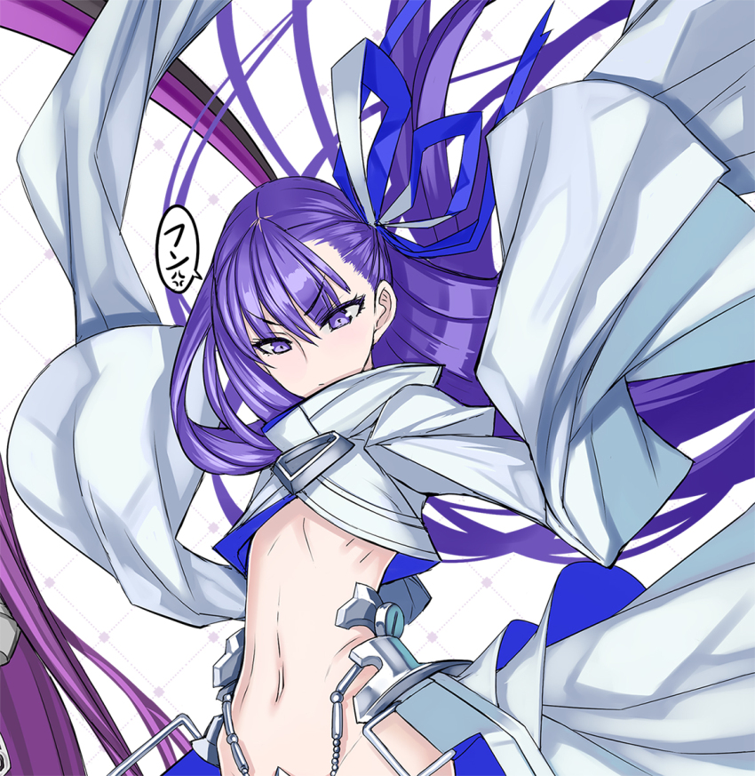 1girl blue_ribbon fate/extra fate/extra_ccc fate/grand_order fate_(series) flat_chest hair_ribbon highres honjou_raita long_hair long_sleeves meltryllis_(fate) meltryllis_(third_ascension)_(fate) navel purple_eyes purple_hair revealing_clothes ribbon stomach