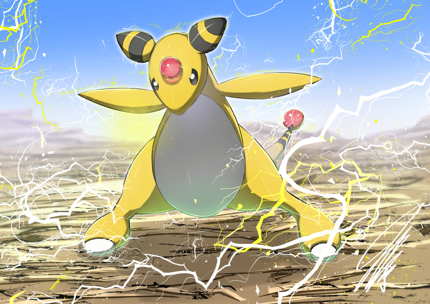 absurdres ampharos aura bell black_eyes blue_sky colored_skin crack cracked_floor desert dynamic_pose electricity full_body game_freak gen_2_pokemon glowing highres light_particles lightning looking_at_viewer mitsukuma448 nintendo no_humans outdoors outstretched_arms pokemon pokemon_(creature) red_orb_(pokemon) signature sky solo sparks standing tail tail_bell tail_ornament white_skin yellow_skin