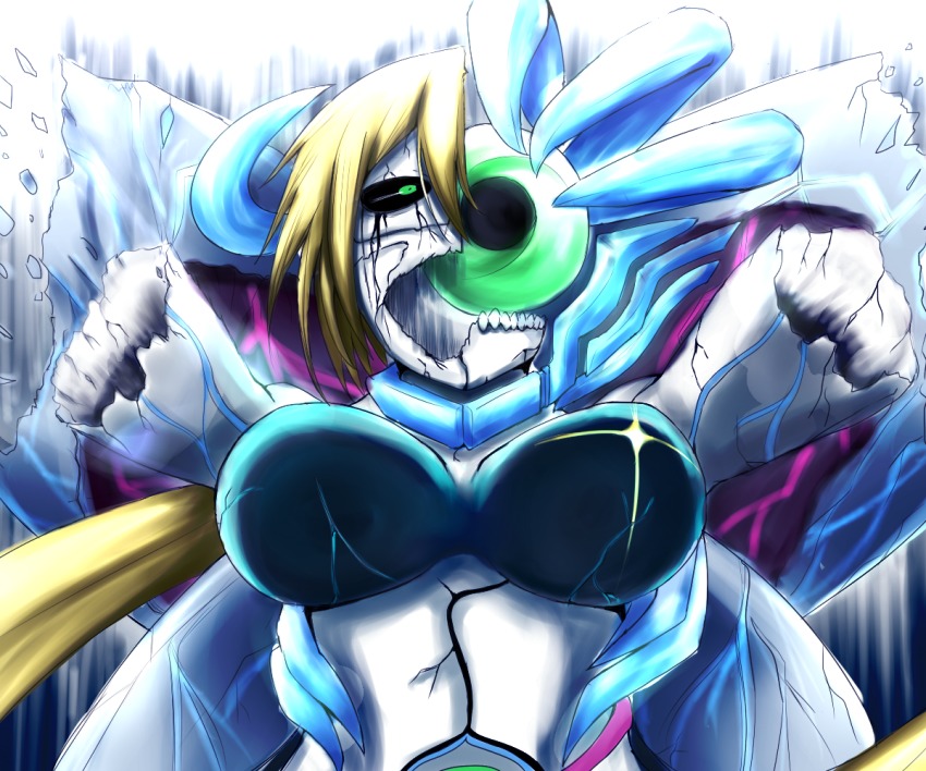 black_sclera blonde_hair colored_sclera cracks green_eyes injury mon-musu_quest! monster_girl sonya_(mon-musu_quest!) tagme tears teeth