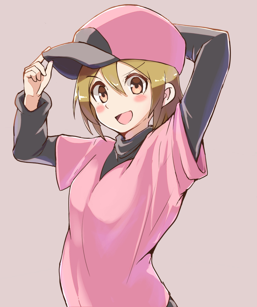 1girl :d absurdres adjusting_clothes adjusting_headwear arm_behind_head arms_up baseball_cap blush_stickers breasts brown_eyes brown_hair commentary dress grey_hat hair_between_eyes hand_on_headwear hat highres hirotaka_(hrtk990203) layered_clothes long_sleeves looking_at_viewer minna_no_rhythm_tengoku open_mouth pink_hat pitcher_(rhythm_tengoku) rhythm_tengoku short_sleeves small_breasts smile solo turtleneck two-tone_headwear undershirt upper_body v-shaped_eyebrows