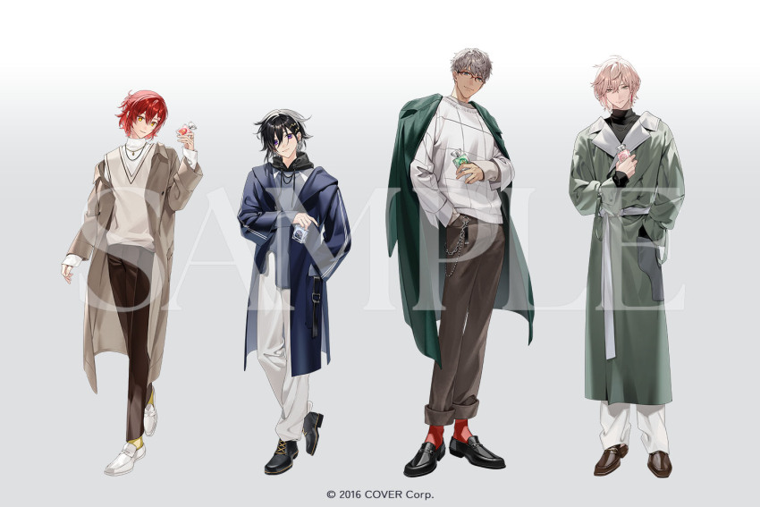 4boys alternate_costume arm_at_side arurandeisu wallet_chain black_footwear black_hair black_nails black_sweater blue_coat bottle brown_coat brown_footwear brown_pants closed_mouth coat coat_on_shoulders copyright_notice cross-laced_footwear drawstring earrings flower full_body glasses green_coat green_eyes grey_hair grey_hoodie grey_sash hair_between_eyes hair_flower hair_ornament hairclip half_updo hanasaki_miyabi hand_in_pocket holding holding_bottle holostars hood hood_down hoodie jewelry kanade_izuru lapels lightning_bolt lightning_bolt_hair_ornament lightning_bolt_symbol loafers long_sleeves looking_at_viewer male_focus manomenou multiple_boys necklace notched_lapels official_art open_clothes open_coat pants perfume_bottle pink_hair purple_eyes red_hair red_socks rikka_(holostars) sample_watermark shoes short_hair simple_background single_earring single_off_shoulder sleeves_past_wrists smile socks standing sweater sweater_vest turtleneck turtleneck_sweater virtual_youtuber watermark white_background white_footwear white_pants white_sweater white_sweater_vest yellow_eyes