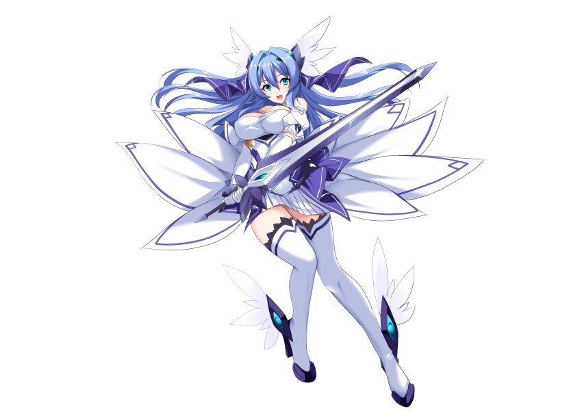 1girl absurdres bare_shoulders blue_eyes blue_hair boots breasts celestia_(kouyoku_senki_exs-tia) cleavage dress elbow_gloves full_body gloves hair_between_eyes hair_intakes hair_ornament high_heels highres holding holding_sword holding_weapon katsuragi_marina kouyoku_senki_exs-tia large_breasts long_hair looking_at_viewer open_mouth short_dress solo sword thigh_boots thighhighs transparent_background variant_set weapon white_dress white_gloves white_thighhighs wing_hair_ornament wings yuu_sagi zettai_ryouiki