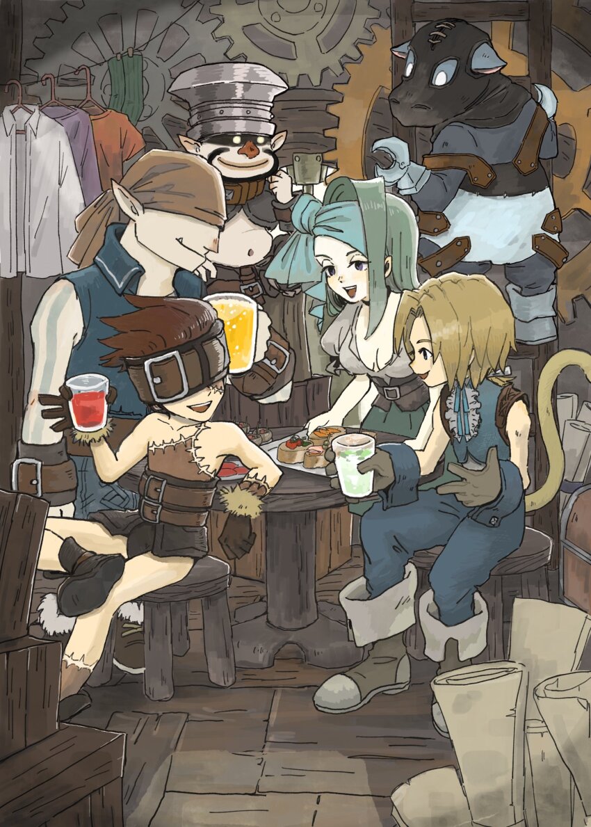 1girl 5boys baku_(ff9) blank_(ff9) blonde_hair breasts brown_hair chair cinna_(ff9) closed_mouth cup final_fantasy final_fantasy_ix full_body gloves highres holding holding_cup ladder long_hair map marcus_(ff9) medium_breasts multiple_boys open_mouth ruby_(ff9) shirt sitting smile soraoyogusakana t-shirt tail zidane_tribal
