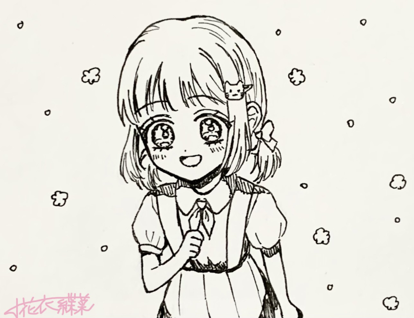 1girl aged_down bare_arms blunt_bangs bow cat_hair_ornament child clenched_hand collared_shirt commentary_request cowboy_shot dot_nose eyelashes flower greyscale hair_bow hair_ornament hairclip happy kohanai_setsuna light_blush looking_ahead low_twintails medium_skirt monochrome neckerchief nikki_(nikki) nikki_(series) open_mouth pleated_skirt puffy_short_sleeves puffy_sleeves shining_nikki shirt short_hair short_sleeves short_twintails signature skirt smile solo standing suspender_skirt suspenders tareme traditional_media twintails young_nikki_(shining_nikki)
