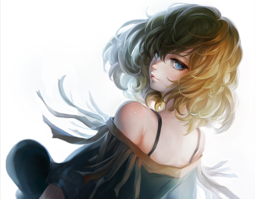 10s 1girl bare_shoulders blue_eyes brown_hair female_focus green_eyes heterochromia idolmaster idolmaster_cinderella_girls looking_at_viewer looking_back mole mole_under_eye short_hair solo takagaki_kaede todee