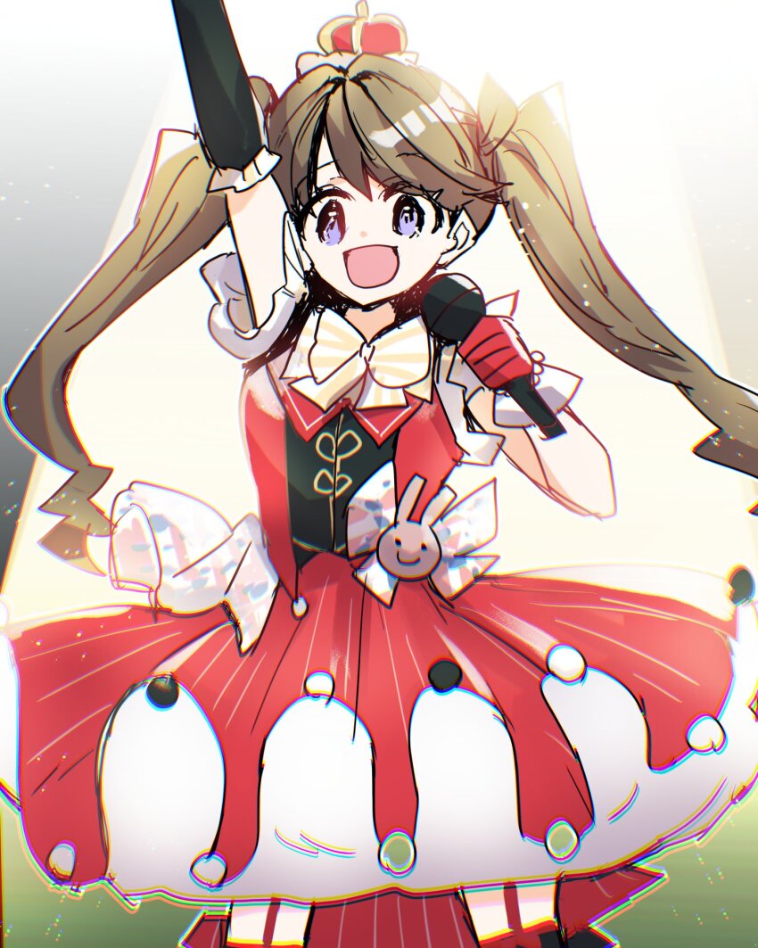 1girl :d arched_crown blush bow bow-shaped_hair bowtie brown_hair chromatic_aberration commentary_request cowboy_shot crown dress fujishima_megumi garter_straps hair_intakes heavy_chromatic_aberration highres holding holding_microphone kanduki_kamibukuro link!_like!_love_live! looking_at_viewer love_live! microphone official_alternate_costume open_mouth purple_eyes red_crown red_dress sleeveless sleeveless_dress smile solo thighhighs twintails virtual_youtuber yellow_bow yellow_bowtie zenhoi_kyun